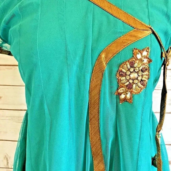 Women Short Sleeve Fully Lined Knee Length Beaded Traditional Green Dress Small - Picture 2 of 13